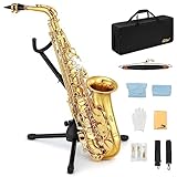 Eastar AS-Ⅱ Student Alto Saxophone E Flat Beginner Sax Full Kit, Carrying Case, Mouthpiece, Straps, Reeds, Stand, Golden Lacquer