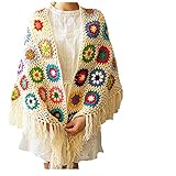 Hblanket 62x30in Handmade Crochet Fringed Poncho Cape Shawls Wraps Granny Square Womens Coat Sweater, White, M