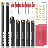 Lathe Turning Tool Set, 8mm Shank Metal Lathe 7Pcs Lathe Tools for Grooving, Threading, and Semi-Finishing - Includes 2 Box Carbide Inserts (8mm)