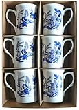 Blue Willow Pattern Bone China Mugs - Set of 6 Gift Boxed 10oz Mugs Each Decorated with Blue Willow Pattern