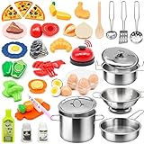 37Items 59Pcs Kids Pretend Play Kitchen Accessories Set, Stainless Steel Play Pots and Pans Sets for Kids, Cooking Utensils, Play Food Pizza Knife Kitchen Playset Toys Gift for Boys Girls Toddlers 3+