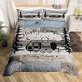 Homewish Rustic Farmhouse Style 3-Piece Happy Camping Duvet Cover Set for Boys, Kids, Teens - Black Sketch Drawing Comforter Cover, Vintage Old Barn Door Design - Double Size
