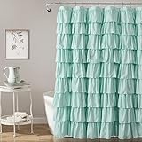 Lush Decor Ruffle Shower Curtain | Floral Textured Vintage Chic Farmhouse Style Design, Light Turquoise, 72" x 72"