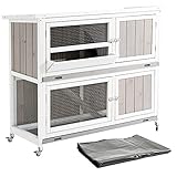 PawHut Two-Tier Wooden Rabbit Hutch w/Wheels, Trough, Rain Cover, Tray - Grey