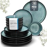 18 Piece Dinner Sets for 6 People - Beautiful Mediterranean Style Stoneware Dinner Set for 6 - Dishwasher & Microwave Safe Plates and Bowls Set for 6 - Dinnerware Sets by Pure Living in Dark Petrol
