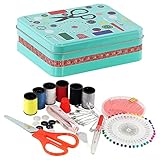 Metal Sewing Box Kit with Sewing Accessories Scissors, Thimble, Needles, Pins, 1.5 m Tape Measure, Needle Threader, Stitch Unpicker, Safety Pins & Buttons