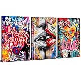 3 Piece Banksy Canvas Wall Art Graffiti Wall Decor Abstract Colorful Wall Pictures for Living Room Pop Art Street Artist Painting Modern Love Sign Posters Artwork Teens Bedroom Home Decorations 12x16”
