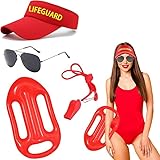 Aopier 4Pcs Baywatch Costume Accessories Set for Women, Lifeguard Costume Include Inflatable Float Sun Visor Hat Whistle Sunglasses for Adults Men Teenager Halloween Carnival Cosplay Party