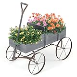 TANGZON Wagon Garden Planter, Decorative Plant Pot Stand with Rotatable Handle & 4 Wheels, Indoor Outdoor Wooden Flowers Wagon Cart for Park, Backyard and Patio (Grey)