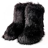 VALPEAKER Fluffy Faux Fur Snow Boots for Women,Furry Warm Winter Boots,Mid-Calf Flat (black5)