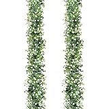 LOMOHOO 2PCS 12FT Artificial Eucalyptus Garland With White Flowers, Fake Leaves Green Garland Artificial Foliage Garland, Greenery Garlands for Home Decoration Wedding Backdrop Table Arch Wall Decor