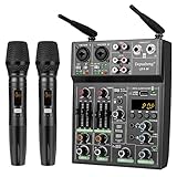 Depusheng UF4-M Studio Audio Sound Mixer Board 4 Channel Bluetooth Compatible Professional Portable Digital DJ Mixing Console with Wireless Microphone Mixing Boards For Studio Recording