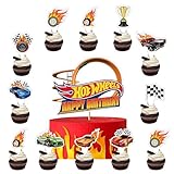 25pcs Racing Car Cake Toppers, Hot Wheels Cake Decoration, Racing Car Cup Cake Toppers for Boys Kids Birthday Party Decoration Supplies
