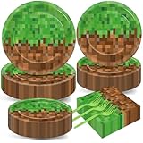 200Pcs Miner Party Decorations Gamer Party Supplies Video Game Birthday Plates and Napkins for pixelTheme Disposable Tableware Set Baby Shower Birthday Decor, 50 Guests