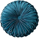 Bprtcra Round Velvet Throw Pillow, Handmade Round Pleated Floor Pillow Pumpkin Chair Cushion Couch Floor Filled Cushion for Home Sofa Chair Bed Car Decor, Light Gray (Blue)