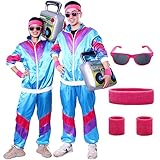 Ficlwigkis 80s 90s Costume Men Women,6 Pcs Blue 80's Shell Suit Outfit Fancy Dress Costumes with Headband Wristbands Glasses for Carnival Party