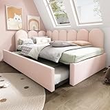 Jovify 3ft Single Daybed with Pull out Trundle Bed, Space-saving Upholstered Bed Frame with Metal Slats, Guest Sofa Beds Youth Beds For Adults Children Teenagers, Velvet, Pink, No Mattress, 90x190 cm