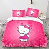 OYUXMAS Cartoon Hello Cat Duvet Cover Double Size - Comforter Cover Set for Kid Girl, 3 Pcs Super Soft 100% Microfiber Kitty Printed Duvet Covers with Zipper Closure(No Comforter)