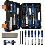 10-Piece Wood Chisel Set, Bevel Edge Wood Carving Chisel, Soft Grip with Strike Cap Set for Woodworking, Cr-V Construction Heavy Duty Chisel with Honing Guide, Sharpening Stone, Pencil & Storage Case