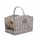 Rustic Shabby Chic Style Grey Natural Wicker Fireside Log Basket Heavy Duty Kindling Wood Basket Home Storage Basket (Medium)