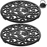 Coloch 2 Pack Cast Iron Trivet with Pegs, 12cm/4.6" Round Metal Trivet with Vintage Patterns Rustproof Hot Pot Holder Pads for Serving Hot Dishes, Pans, Pots, Tea Pots, for Kitchen Counter Top, Black