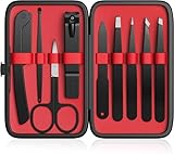 Tweezers and Nail Clippers Set 9 Pcs,Tweezers Kit for Men and Women,Stainless Steel Eyebrow Plucker with Curved Scissor and Eyebrow Razor for Daily Beauty Tools,with Leather Case（Black/Red）