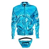70s 80s 90s Foil Metallic Shiny RAVE Bomber Jacket Hologram Festival Fancy Dress Blue
