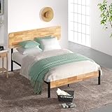 Zinus Olivia Double Bed frame - Bed 135x190 cm - 36 cm Height - Metal and Wood Platform Bed frame - Natural Brown and Black