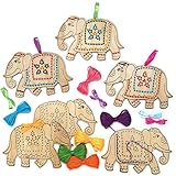 Baker Ross AX335 Ambari Elephant Wooden Threading Kits - Pack of 5, Educational Arts and Crafts for Children, Rangoli, Festival of Lights, Orange, Purple, Green, Pink, Yellow, Blue, Brown
