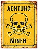 BIGBAZZA Vintage Advertising Wall Tin Plaque 20x15cm - Pub Shed Bar Man Cave Home Bedroom Office Kitchen Gift Metal Sign - Retro WAR Achtung Minen Warning Mine Minefield Yellow Alert German WW2