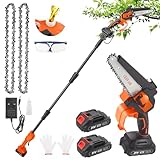 2-in-1 High Pole Saw & Handheld Mini Chainsaw Cordless 6In Tree Loppers,Brushless Electric Pole Saw 2.4M Telescopic Pole Chain Saw Branch Cutter Pruner 2 x 2.0Ah Batteries for Tree Trimming Garden