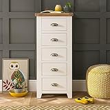 The Furniture Market Cheshire Cream Painted 5 Drawer Tallboy Wellington Chest of Drawers with Limed Oak Top, Stylish Chrome Handles, Space-Saving Design - H 1200mm x W 530mm x D 430mm