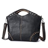 Le'aokuu Womens Genuine Real Leather Vintage Shoulder Handbags Crossbody Messenger Tote Bag Satchel Purse (Black)