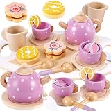 AOLEVA Kids Wooden Toy Tea Set for Toddlers Girls with Wooden Play Food Childs Children Afternoon Play Tea Set Kitchen Accessories Pretend Play for 3 4 5 Years Old