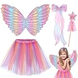 4 Pcs Fairy Costume Set for Girls, Butterfly Wing Fancy Dress Outfit with Tutu Skirt Magic Wand Bow Hairpin Kids Fairy Wings Angel Princess Costume for Kids Party Dress Up (Pink)