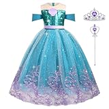 AOOWU Girls Mermaid Costume, Bow-Knot Princess Mermaid Dress Set with Crown and Magic Wand, Little Mermaids Princess Costumes Fancy Dress Up for Girl Halloween Cosplay Carnival Mermaids Sequin Outfit