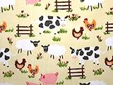 1/2m | Ivory/Cream Farmyard Polycotton Fabric Farm Printed Farmyard Animals Cows Sheep Chicken Printed Poly Cotton Fabric Light Pale Green Multicoloured