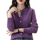 Women's Cashmere Cardigan Round Neck Sweater Spring Autumn Winter Long Sleeve Knitted Solid Color Soft Cardigan Sweater Lilac Purple M