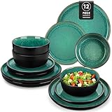 vancasso Playa Green Plates and Bowls Sets, 12 Pieces Reactive Glaze Ceramic Dinnerware Set for 4, Kitchen Dinner Dining Ware Set, Microwave and Dishwasher Safe Dishware Dishes