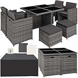 TecTake® Polyrattan Garden Furniture Set with Aluminium Base, Including 4 Dining Chairs, 1 Table, 4 Stools, Foldable Garden Lounge Set including protective cover, For Up To 8 People - grey