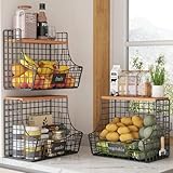 UMDONX 3 Pack Fruit Storage Basket Kitchen Vegetables Organiser Rack 2 Tier, Countertop Fruits Bowl with 5 Banana Hangers, Hanging Wall Mounted Stackable Durable Metal Wooden Top Black
