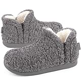 FamilyFairy Women's Memory Foam Boots Slippers Warm Shearling Bootie Soft Plush Fleece Comfy House Shoes Outdoor Indoor Rubber Sole Grey, 5-6