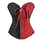 PAUSUNA Women's Black Red Bustier Burlesque Basque Rouge Zip Lace Up Boned Corset Top (Floral Black Red (Zip up), L)