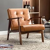 HomeMiYN Leather Accent Chair Retro Vintage Tufted Armchairs with Wood Arms and Legs Upholstered Reading Lounge Club Chair for Living Room Bedroom Office (Orange)