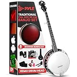 Pyle 5 String Banjo Remo Head, Banjos Beginner Kit, 39" Full Size, Open or Closed Back Instrument w/ 24 Brackets, Starter accessories, Geared 5th Tuner, Gig Bag, Extra Strings - Strap – Picks, Wrench