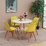 YULU Round Dining Table and Chairs Set 4, Mid Century Modern PU Padded Seat Lounge Chairs and 90cm White Kitchen Table with Solid Wood Legs (Yellow)
