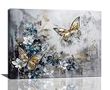 Golden Butterfly Canvas Wall Art Vintage Butterfly Pictures Wall Decor Blue and White Flower Print Painting Artwork Modern Home Decoration for Living Room Bedroom Office Framed 12x16 inch