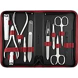 Solingen Manicure Set for women and men - 12 pcs kit - made in Germany incl. nail nippers, glass nailfile & pedicure tools - For natural, ceramic & painted nails, red