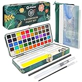 Artecho Watercolour Paint Set 50 Colors in Portable Box Including 4 Fluorescent Colors, Travel Watercolour Set with Water colour Papers, Brushes and other Tools, Idea for Artists and Hobbyists