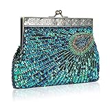 Vintage Sequin Peacock Clutch Bag, Antique Beaded Evening Handbag Clutch Bags, Turquoise Eye Catching Purse for Wedding (Blue)